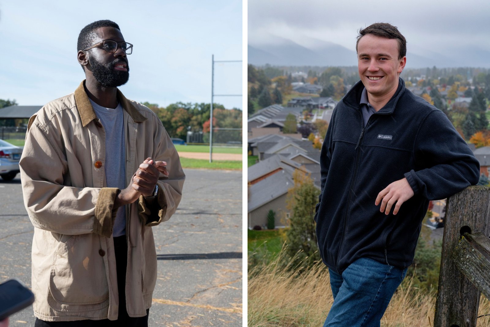 Left: Democrat Olaleye Onikuyide, 28, is running for state representative in Connecticut. Right: Republican Lukas Schubert, 21, is campaigning for reelection as a state representative in Montana. Both candidates are focusing on a lack of affordable housing in their states.