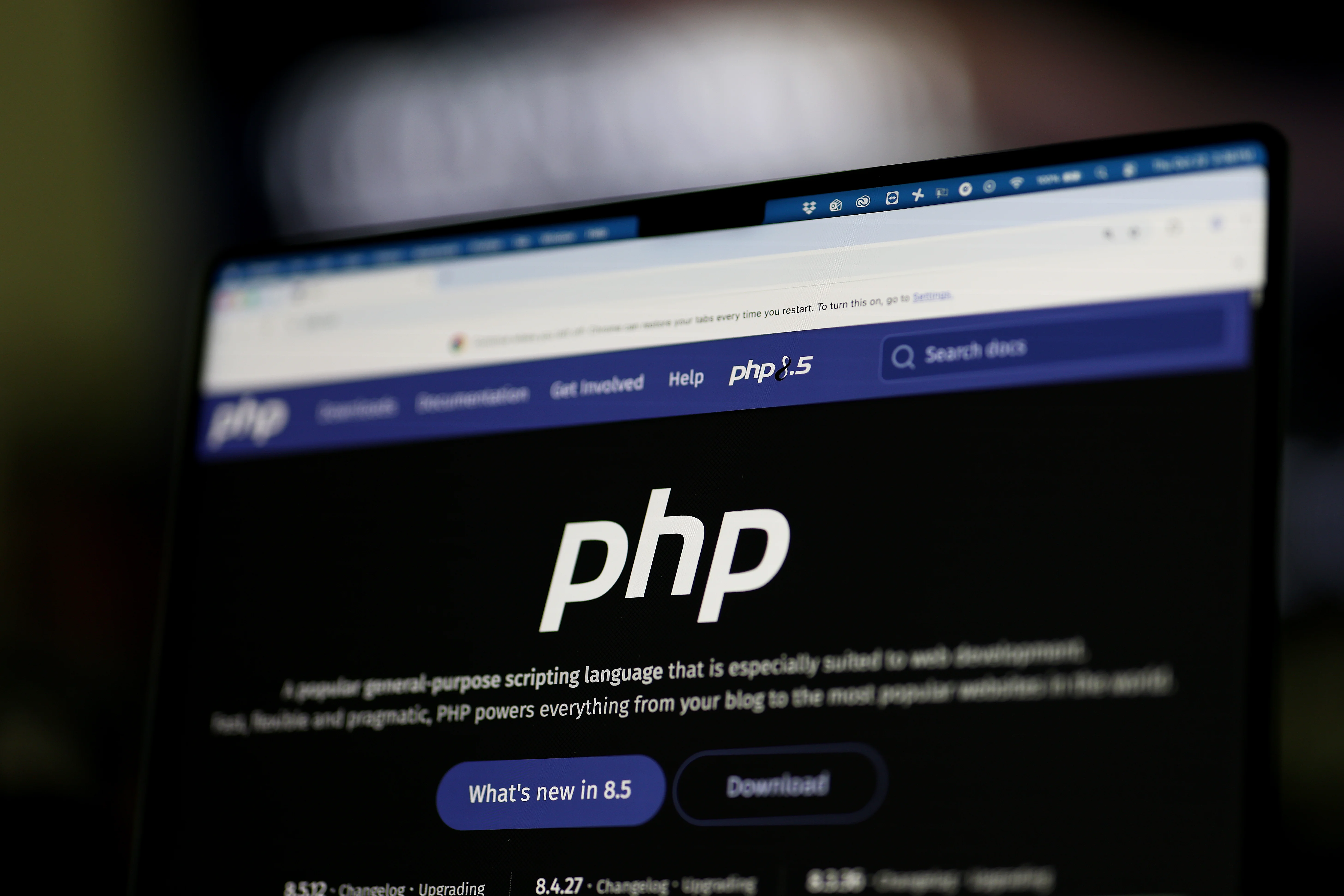 The homepage of the PHP.net website is seen on Thursday in Singapore. Cybersecurity flaws were recently identified in the popular PHP programming language, which is used on a vast number of websites across the world, including those of major companies and national governments. The PHP Foundation released two patches designed to fix the vulnerabilities.