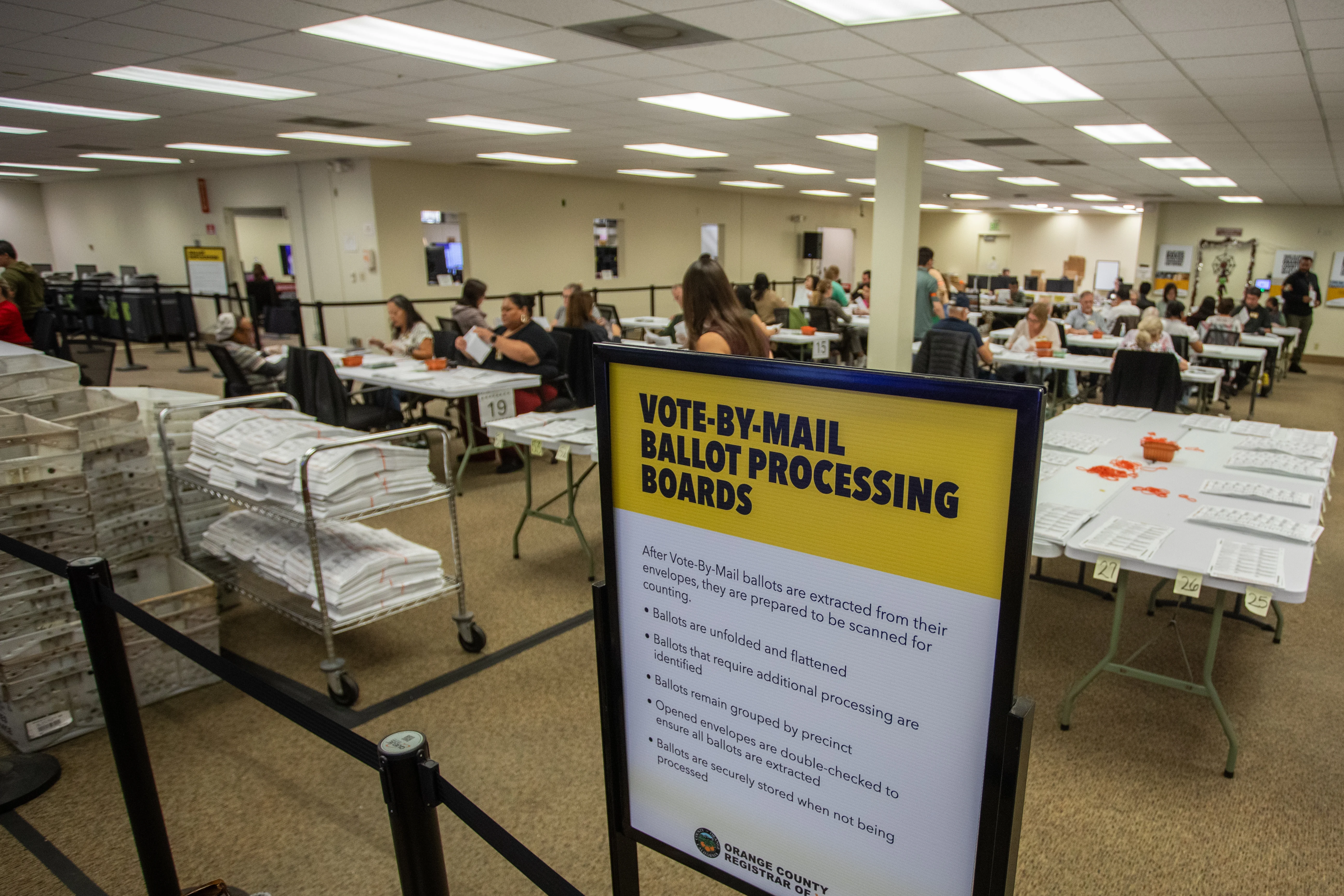 People extract ballots from their envelopes and prepare them to be scanned for counting in the Vote-By-Mail Processing Boards area at the Orange County Registrar of Voters Facility in Santa Ana, Calif. on Oct. 28, 2026.