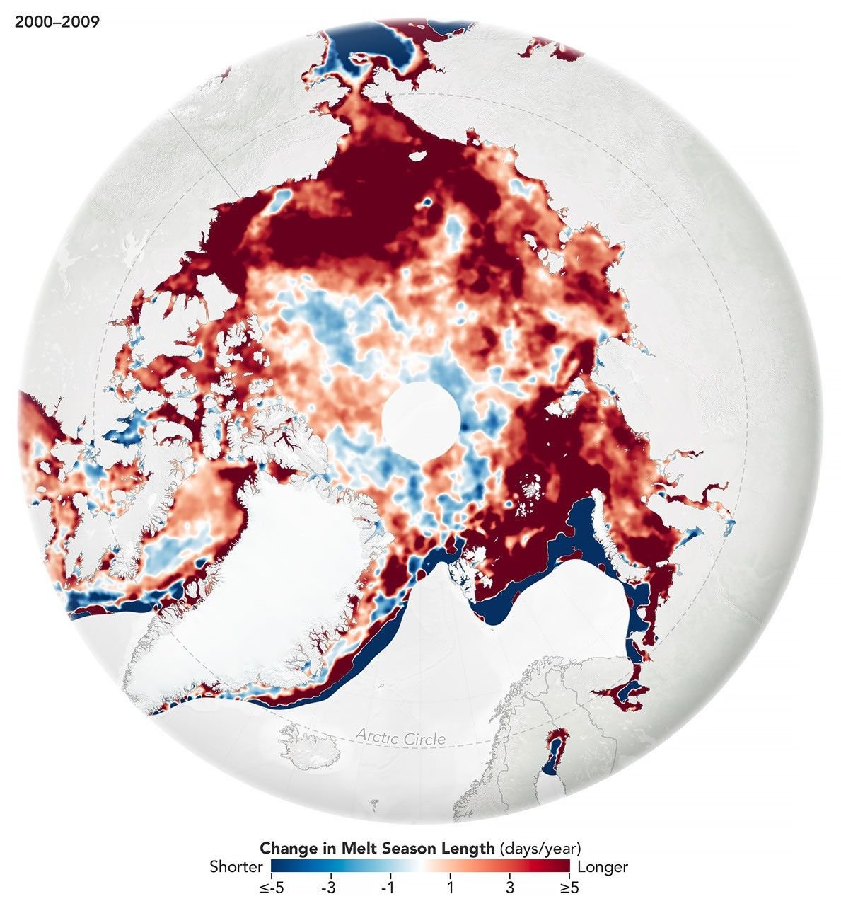 Two Arctic maps compare changes in melt season length by decade. Red indicates areas where the season grew longer; blue, where it grew shorter. The 2000–2009 map is mostly dark red. The 2010–2023 map shows a mix of lighter red and blue, indicating smaller changes.
