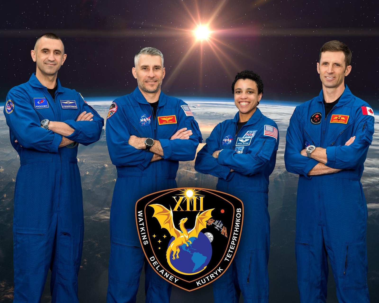 The four members of NASA's SpaceX Crew-13 mission to the International Space Station pose together for an official crew portrait. From left are, Roscosmos cosmonaut and Mission Specialist Sergey Teteryatnikov, NASA astronauts Luke Delaney and Jessica Watkins, Pilot and Commander respectively, and CSA (Canadian Space Agency) astronaut and Mision Specialist Joshua Kutryk.