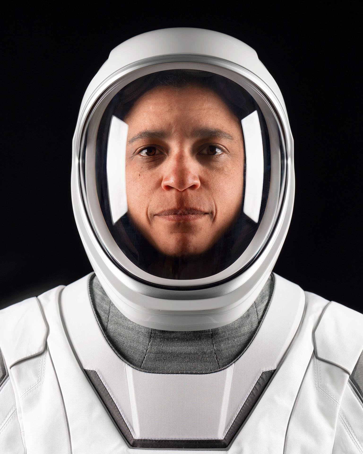 NASA astronaut Jessica Watkins, commander of NASA’s SpaceX Crew-13 mission to the International Space Station, poses for a portrait in her pressure suit at SpaceX headquarters in Hawthorne, California.