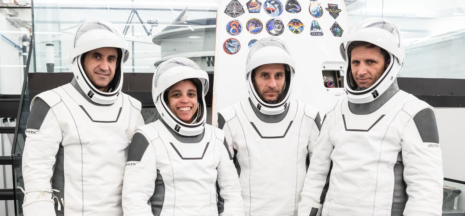 The SpaceX Crew-13 members pose for a portrait in their pressure suits during a preflight training session at the company's headquarters in Hawthorne, California. From left are, Roscosmos cosmonaut Sergey Teteryatnikov, NASA astronauts Jessica Watkins and Luke Delaney, and CSA (Canadian Space Agency) astronaut Joshua Kutryk.