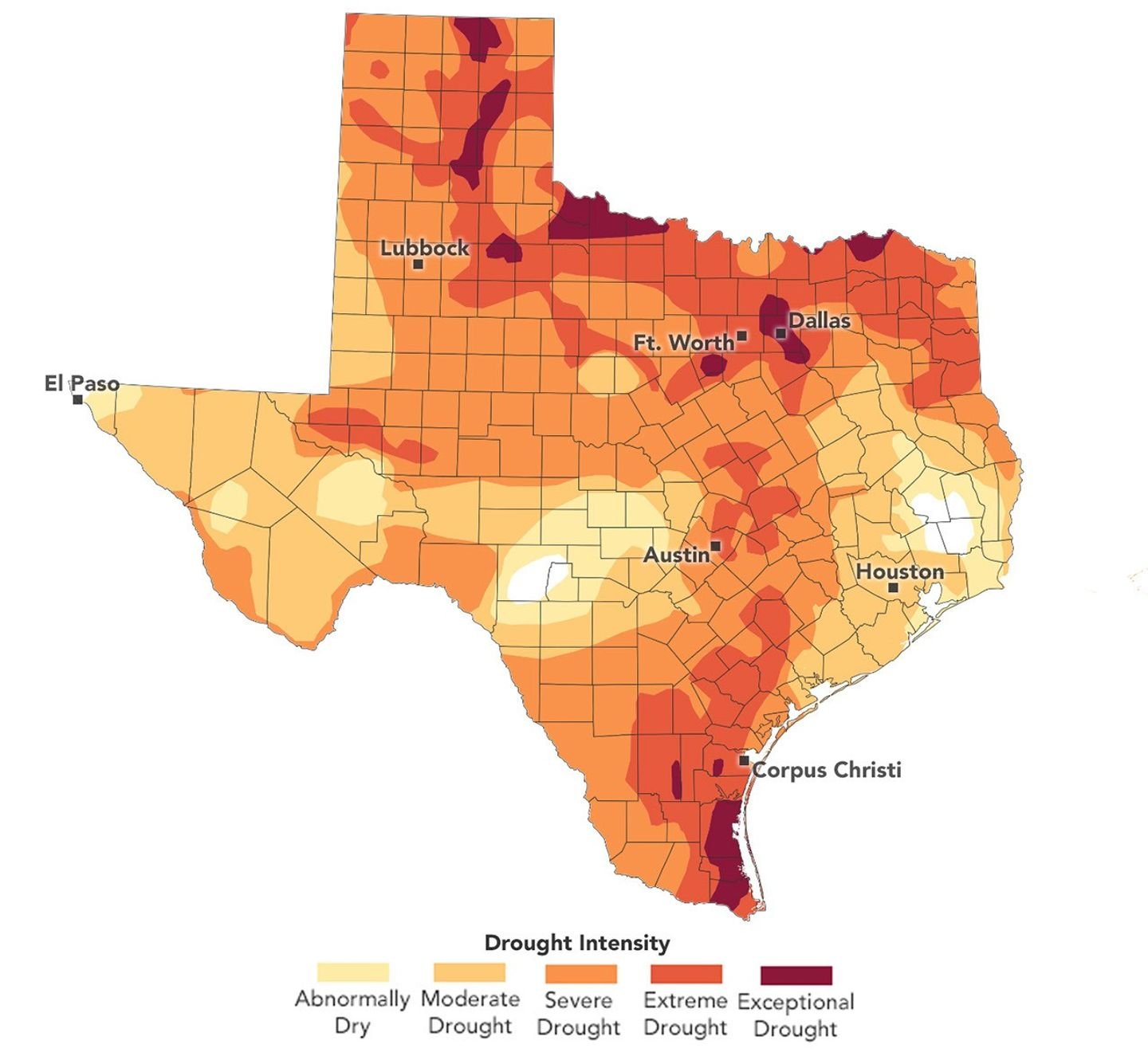 A U.S. Drought Monitor map of Texas depicts drought intensity across the state, with severe, extreme, and exceptional drought covering large portions. The area around Lubbock falls within the