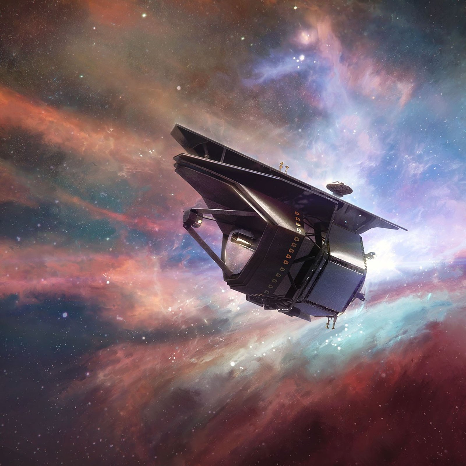 A space telescope moves through space, illuminated by the vibrant red, blue, and purple hues of a cosmic nebula.