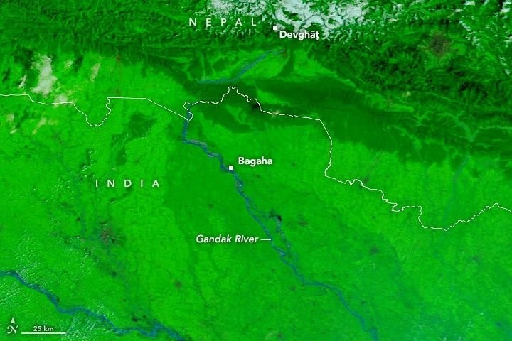 A false-color satellite image shows the Gandak River before the flooding on September 20, 2026.