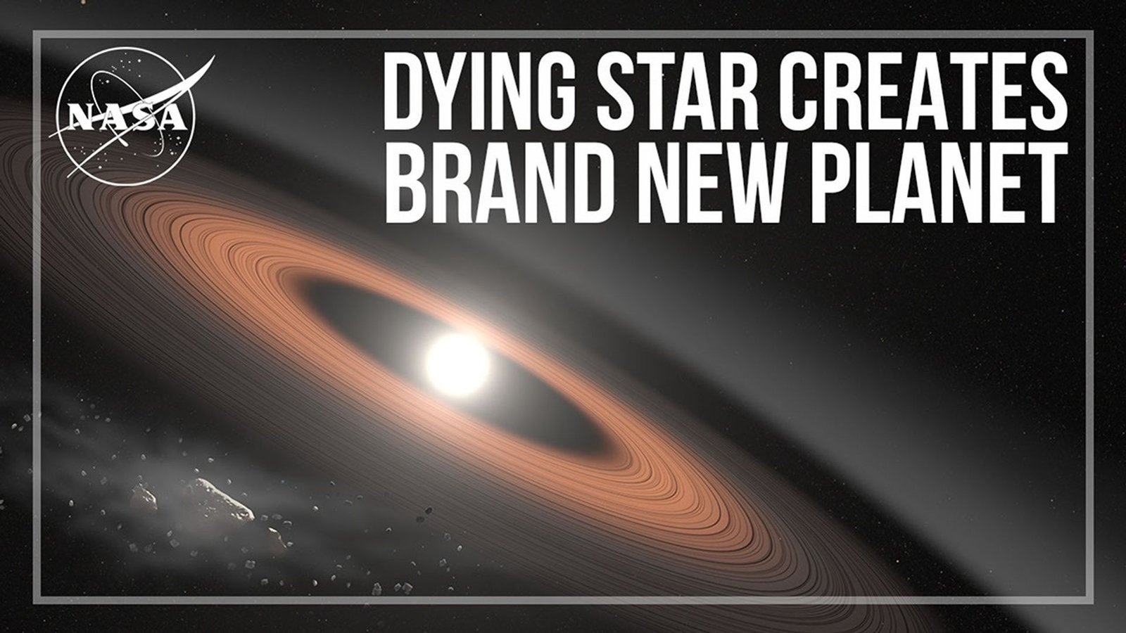 An artist's concept image of a white dwarf star with an orange disk of material around it. The NASA