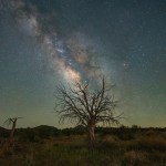 The Milky Way spreads across a twilight sky over a desert landscape.